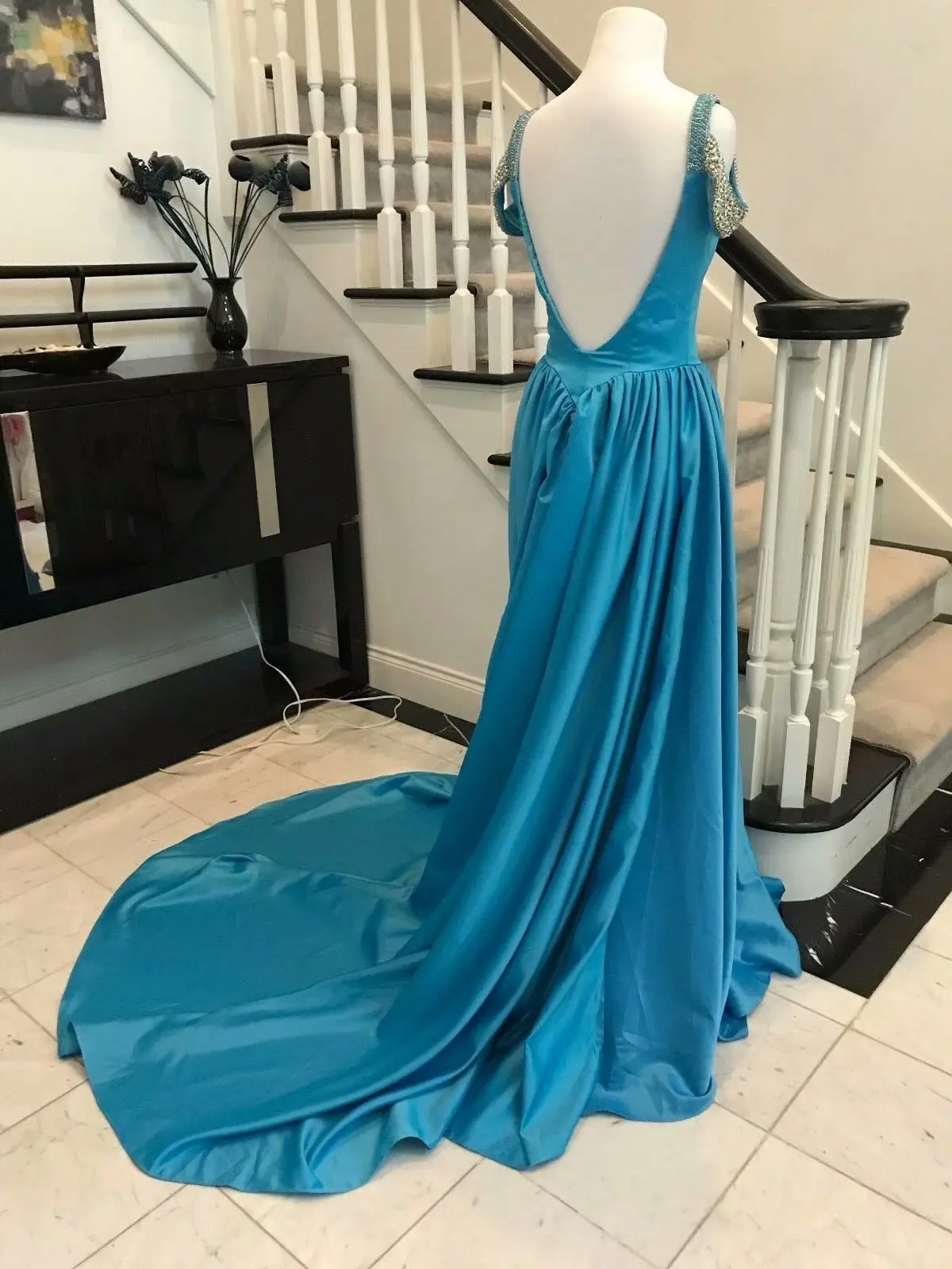 ANGELSBRIDEP 2 STORE Blue Evening Dress V-neck A-Line Satin Bridal Gowns Elegant Robe de mariee Side Split Backless Prom Dresses