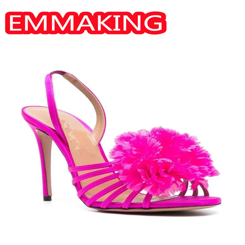 Carnation الأزهار عالية الكعب الصيف النساء الصنادل 2024 ارتفع الأحمر العصابات الضيقة جولة تو المصارع موضة المدرج أحذية السيدات 44
