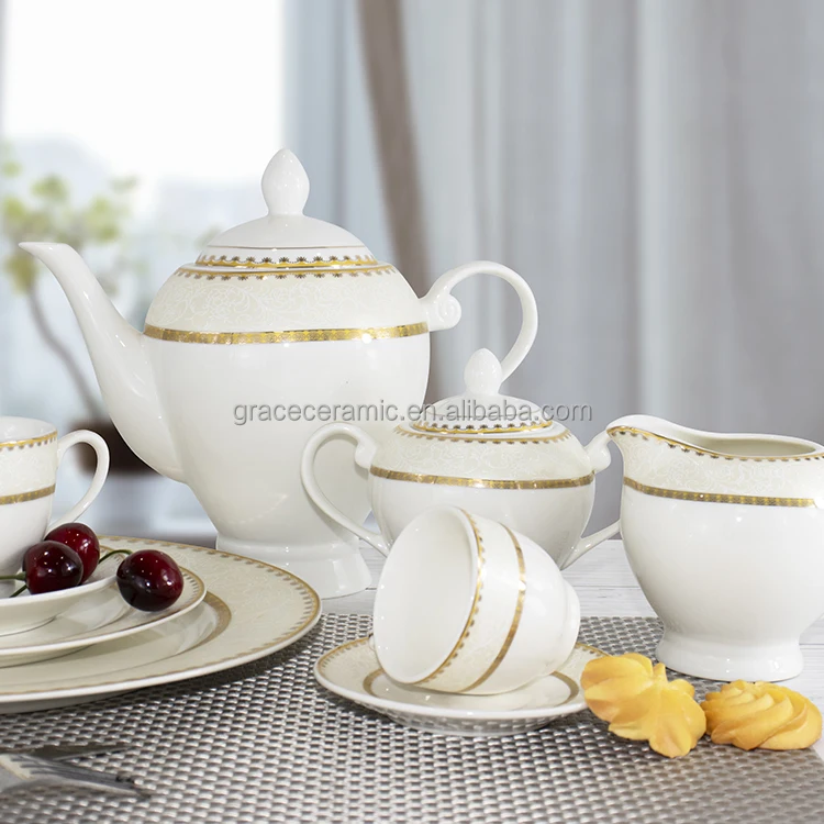 Tableware OEM Competitive Price 12 Pcs Luxury Decal Fine Bone China Dinner Set Wedding Dinnerware Set12 Piece White Gold Rim