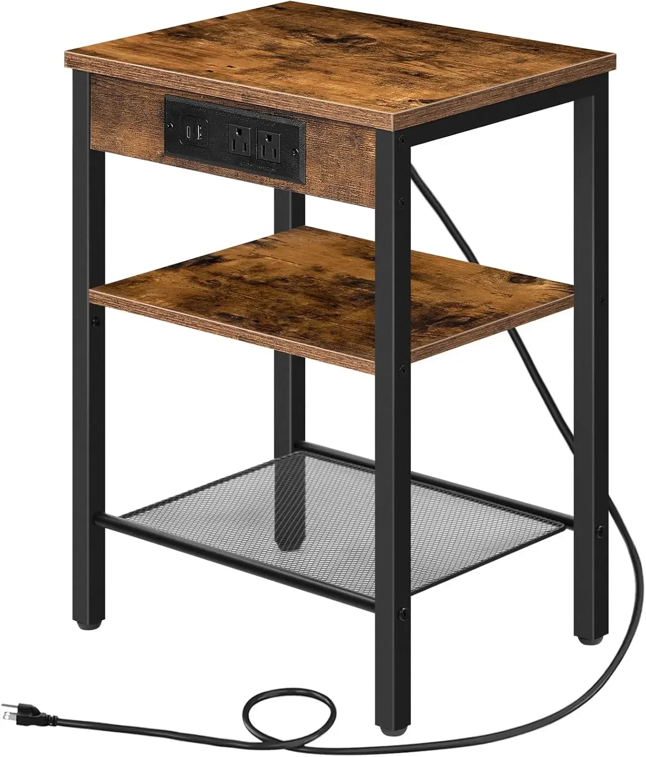 

Compact Side Table With Charging Station, USB Ports & Adjustable Shelves For Living Room, Bedroom – Rustic Brown