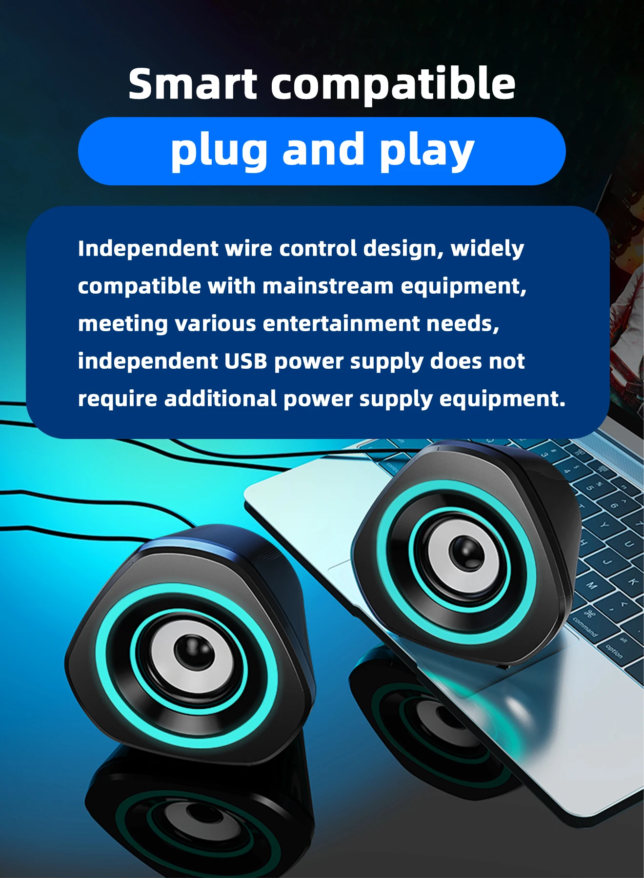 USB Computer Speakers,USB-Powered PC Gaming Speakers for Desktop Computer Laptop and Mobile Phone USB 3.5mm Aux Input BLUE Light