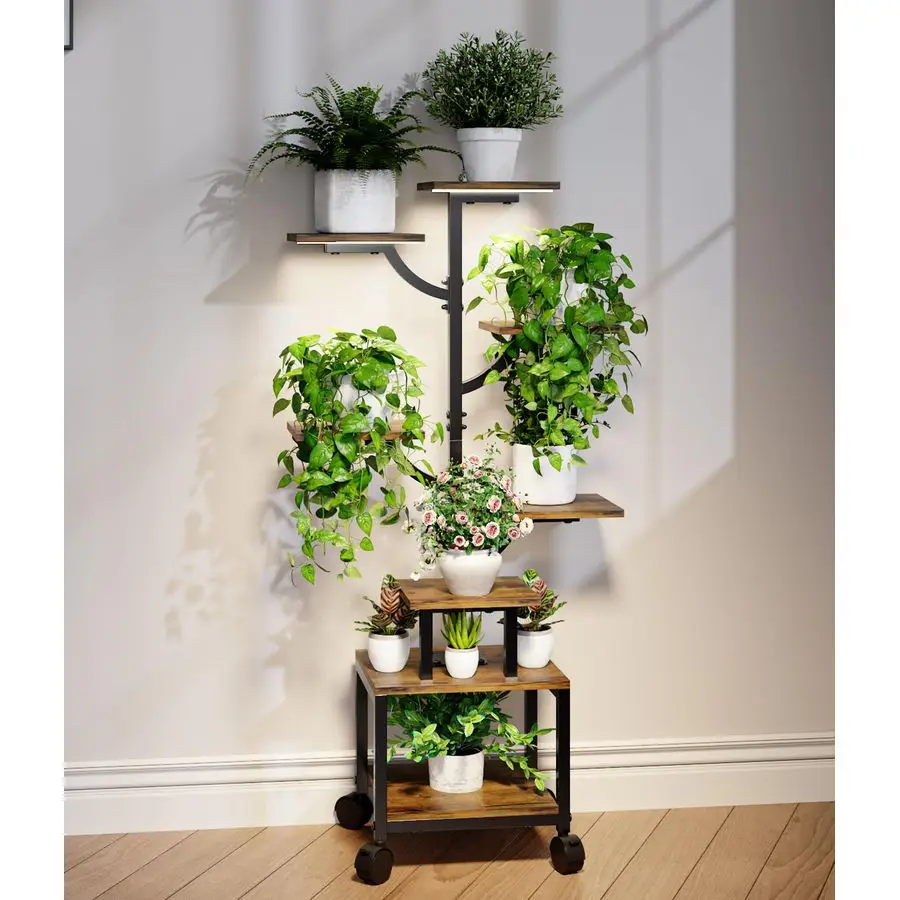 

Plant Stand Indoor with Grow Lights 7Tier Plant Stand with Wheels, Tall Metal and Wood Indoor Plant Shelf with Tree Design, Rol