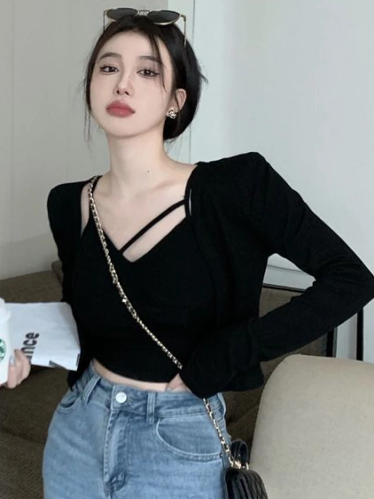 Two Pieces Sets Women Bandage Slim Camis Long Sleeve Outwear Sexy Casual Spring Korean Style Temperament Mujer Elegant Simple