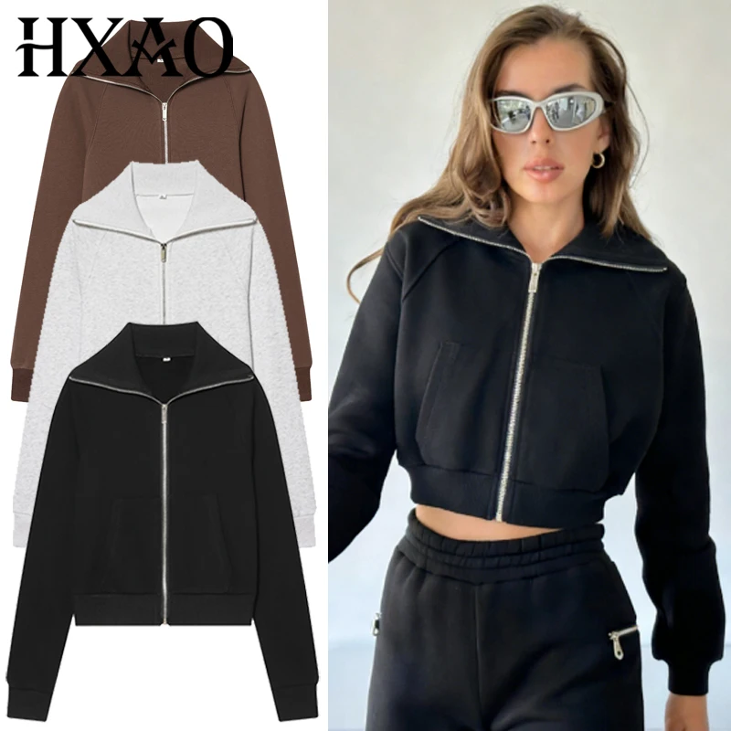 HXAO Crop-Fleecejacke, Damenjacke, Schwarz, Grau, Braun, Oberbekleidung, Neu in Mänteln und Jacken, langärmliges Oberteil mit Reißverschluss, Baseballjacke