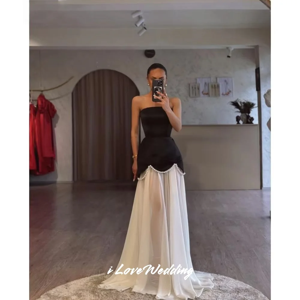 Black Strapless Evening Dresses 2025 Sleeveless Beaded A-Line Pleated Floor-Length Prom Dress Wedding Party Dresses Customided