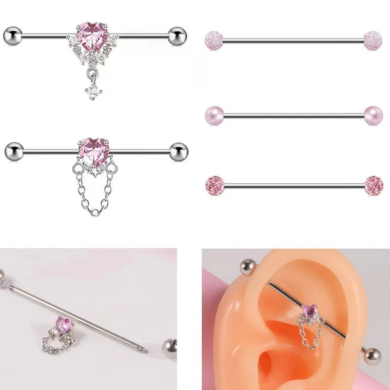 Peach Heart Pink Perforated Barbell Earrings Jewelry Cartilage Spiral Earrings Male And Female Body Perforation