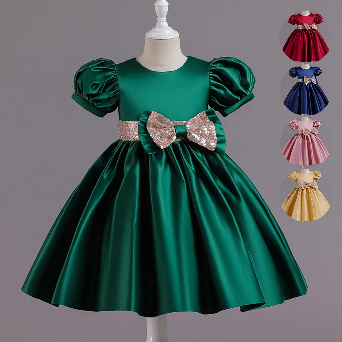 Kids Girl Green Short Sleeve Bowknot Dress Kids Baby Princess Skirt Ceremony Children's Dress For Little Baby Girl