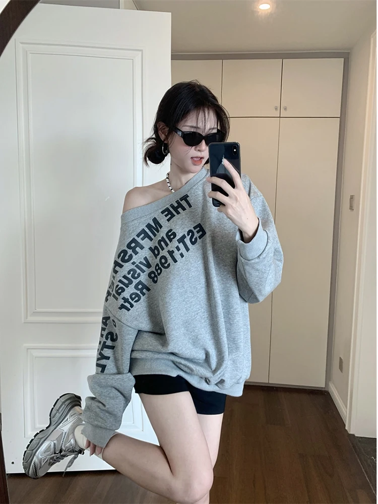 Womens Clothing Grey Vintage Street Sweatshirt Hoodie Letter Printing Long Sleeves Casual Warm Oversize Baggy Ladies Tops Autumn