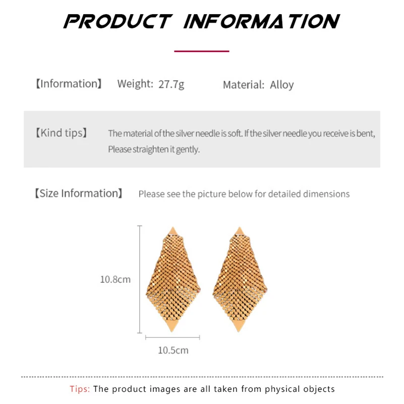 Gold Color Triangle Geometric Glitter Tassel Dangle Earrings for Women Europe and America Personality Exaggerated Charms Jewelry