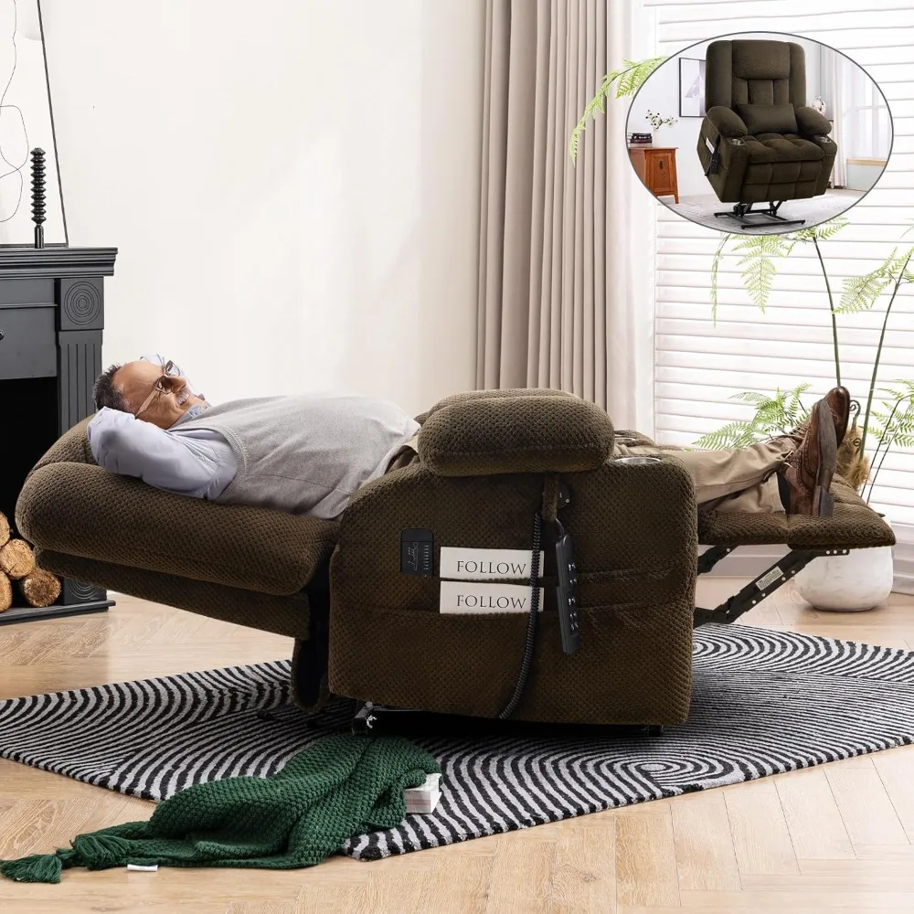 

Large Dual Motor Lay Flat Power Lift Recliner Chair, Massage Recliner with Heat for Living Room, Lumbar Pillow, USB & Type-C Por