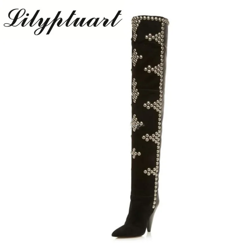 

High Quality Women's Shoes Autumn and Winter Fashion Rivet Tapered Heel Pointed Long Boots Loose Knight Boots Stage Show Boots