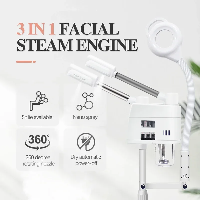2025 Hot 3 In1 Hot and Cold Face Steamer With 8x Magnifying Lamp Ring Light for Salon Sauna Vapor Ozone Vaporizer Facial Steamer