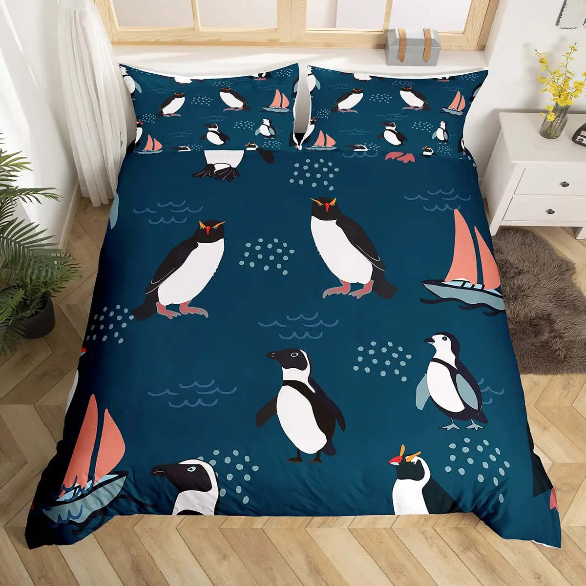 Animal Duvet Cover Set, Penguin Couple Romance Falkland Islands, Decorative 3 Piece Bedding Set with 2 Pillow Shams, Full Size