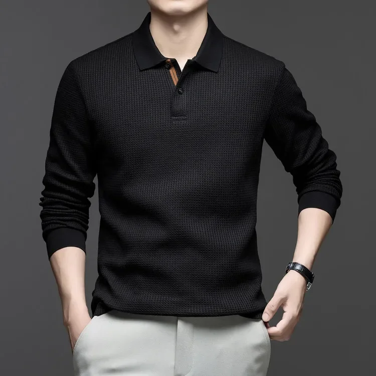 Langarm-Poloshirt aus Waffelstrick – Weiche Baumwollmischung, Slim Fit, Lässiges Business-Oberteil für Herbst und Winter, Mehrfarbig – Detail 16