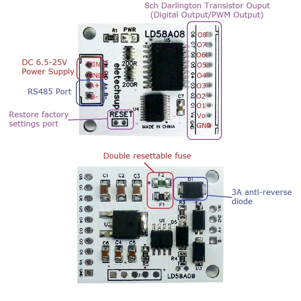 8ch RS485 Modbus RTU DO/PWM Output Multifunction MOS Driver Board for Multilayer Signal Lights LED Relay Solenoid Valves Motor