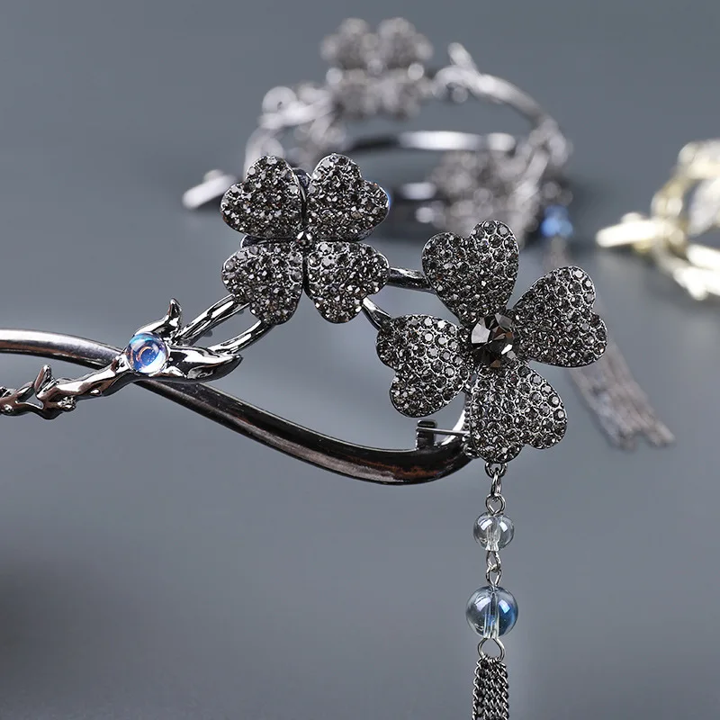 Rhinestone Four Leaf Clover Twist Hair Clips For Women Elegant Tassel Barrettes For Back Head Bun Updo Bangs Flyaways Daily Wear