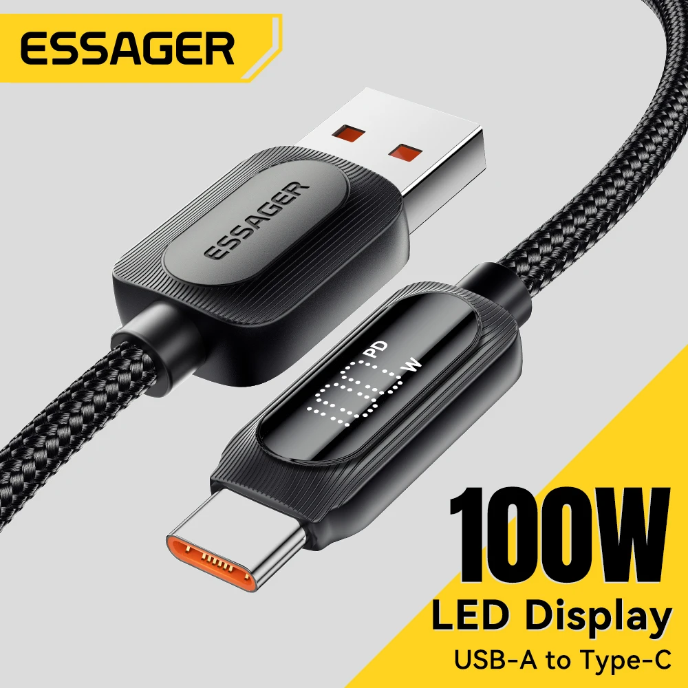 

Кабель Essager с цифровым дисплеем, 100 Вт, Тип C, 7A, USB-кабель для быстрой зарядки и передачи данных для Macbook, iPad, Huawei Mate 60 Pro, Samsung Oneplus