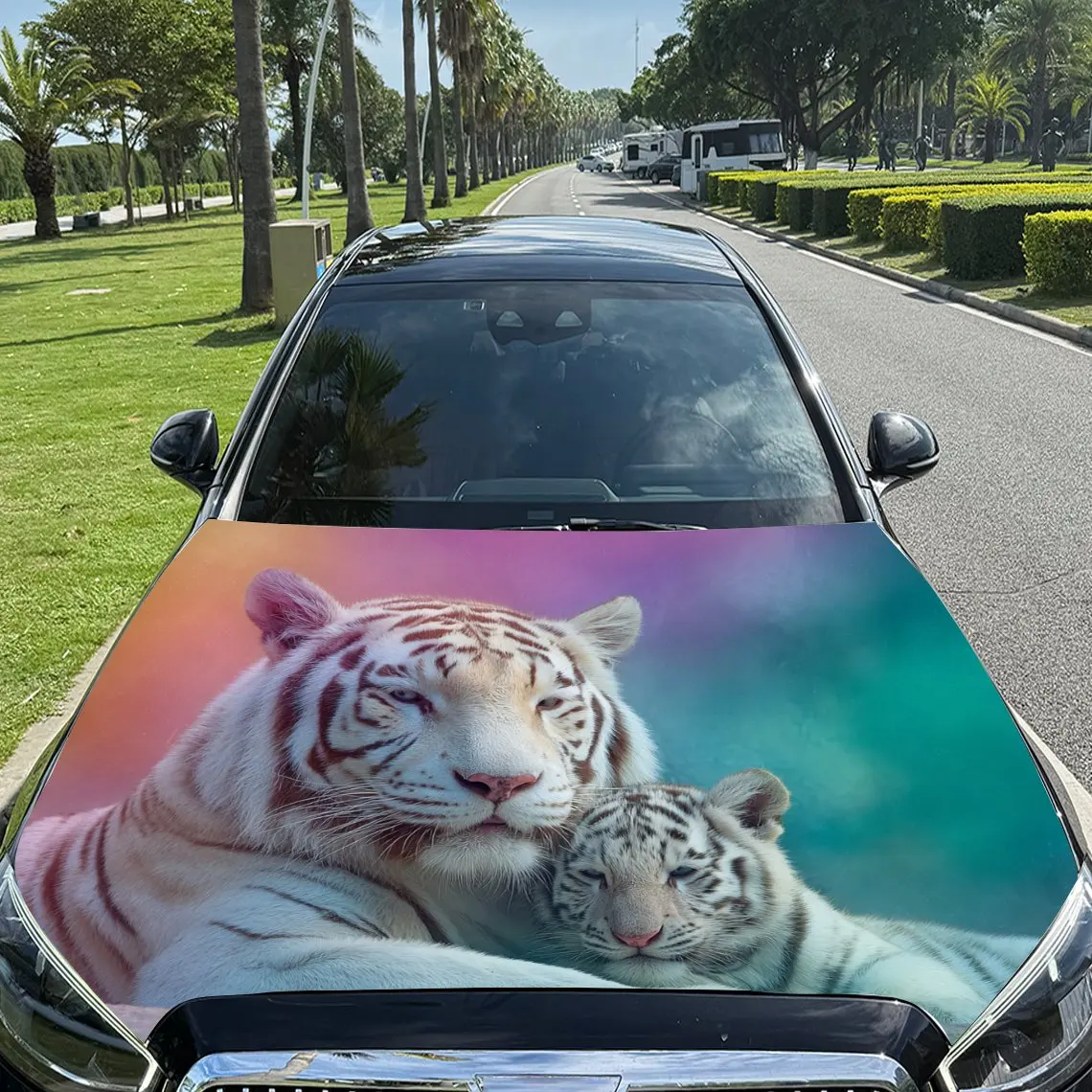 

Car Decals White Tigers with a Soft, Colorful Gradient Background Car Hood Sticker, Waterproof Self - Adhesive Vinyl Graphics De