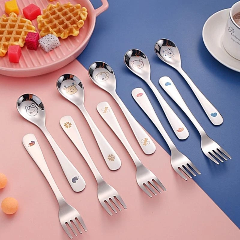 

M76C Baby Spoon & Fork Set with Storage Box No-rust Eating Spoon Child Kitchen Utensil Toddler Stainless Steel Cutlery Gadget