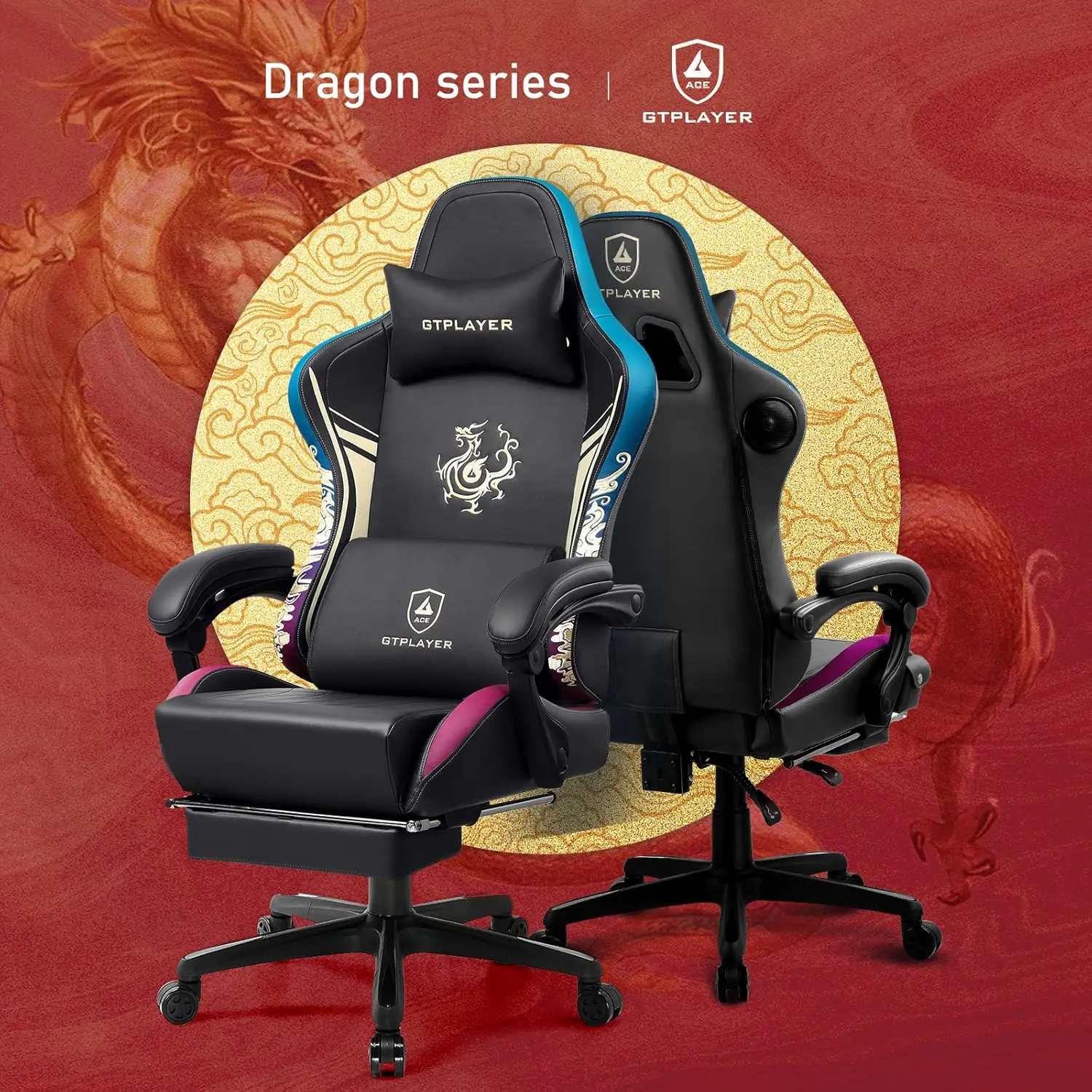 Cadeira de jogos com alto-falantes Bluetooth e apoio para os pés, cadeira de videogame da série Dragon, cadeira ergonômica resistente