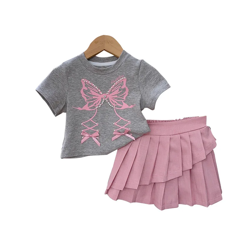 Girls Clothes Set Summer Bow T-shirt+Pleated Skirt Fashion Korean Children Sweet Clothes Two Piece Set Girls Princess Suits 2-7Y