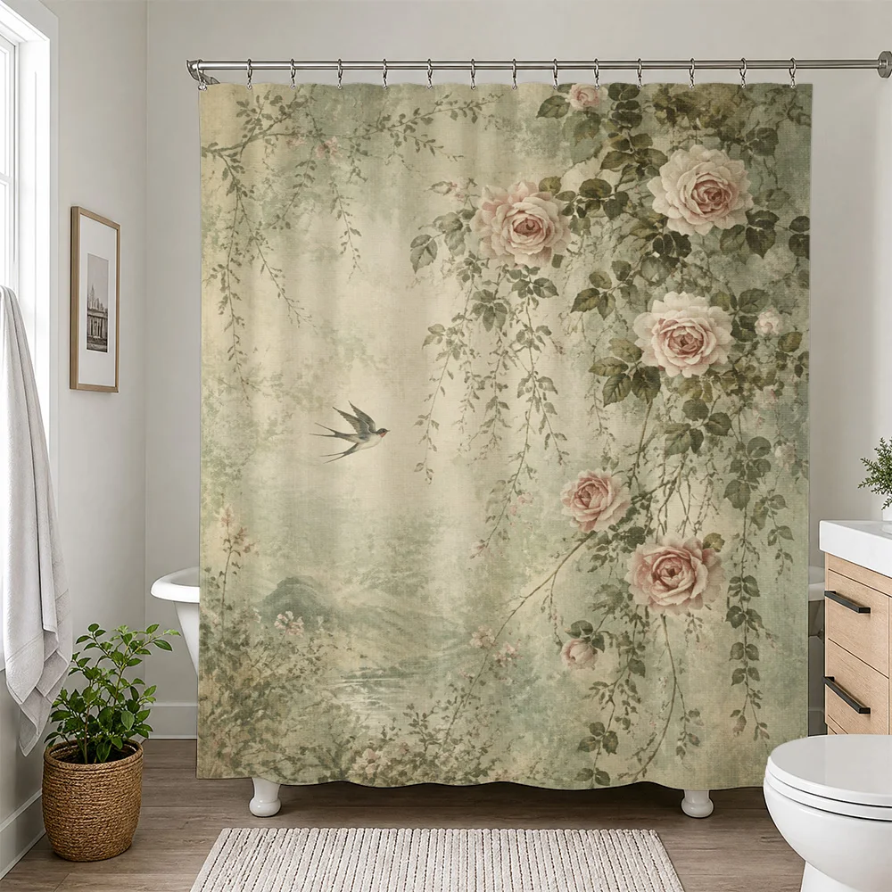 Elegant Vintage Floral Shower Curtain Bathroom Decor Botanical Roses Greenery Shower Curtain Liner