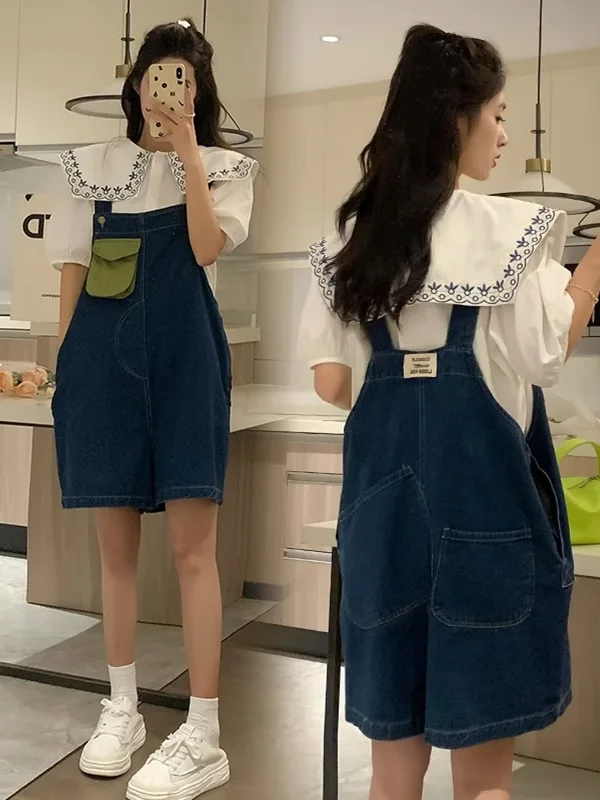 

Vintage Denim Overalls Women Summer Thin Large Size Fashionable Strap Shorts Pants High Waist Wide Leg Casual Wear Resistant