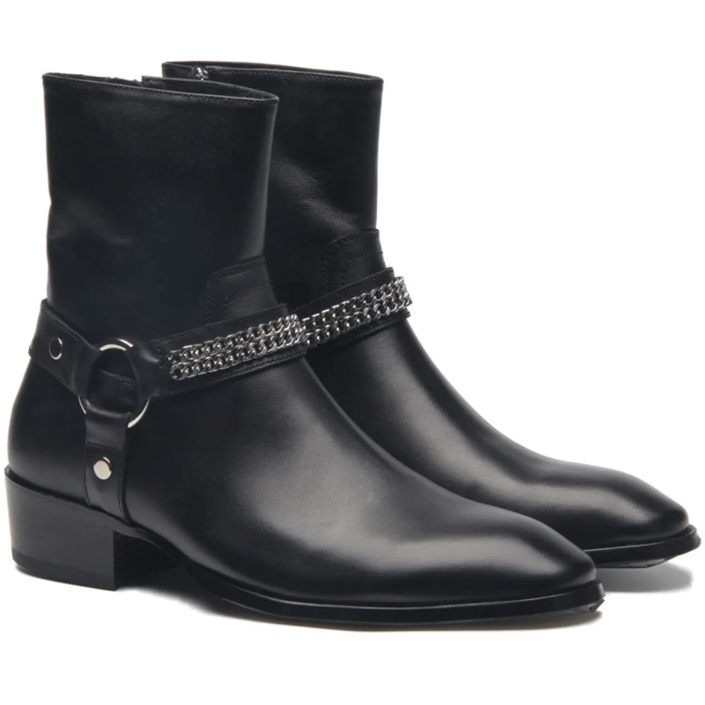 حجم 37 ~ 46 تشيلسي أحذية الرجال 2025 ماركة مريحة 5 سنتيمتر كعب أحذية رجالي موضة سلسلة معدنية جلد طبيعي الرجال الأحذية #1