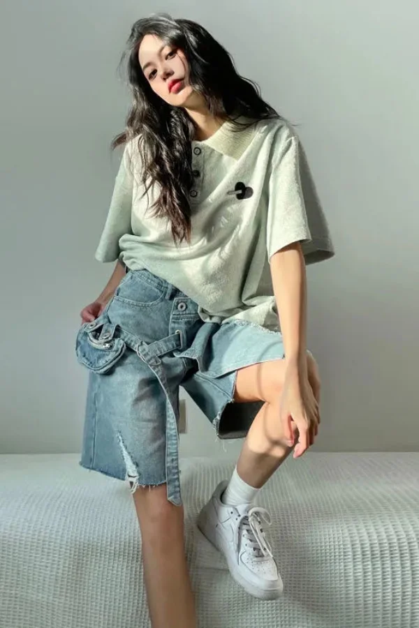 Pantaloncini di jeans a cinque punti per ragazza calda e sottile dal design nazionale alla moda