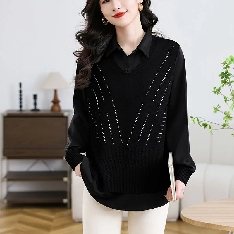 

2025 New Autumn Fake Two-piece Temperament Lapel Stitching Button Knitted Pullover Fashionable Long-sleeved Top