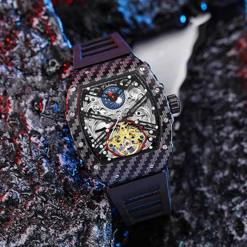 DULUNWE Design New Tonneau-Shaped Case Design Fashion Tourbillon Men's Watches Waterproof Large Dial Automatic Mechanical Watch