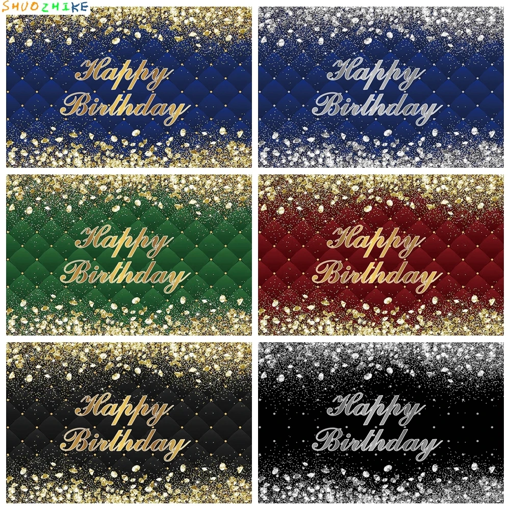 

Gold Glitter Happy Birthday Backdrop Adult Dark Blue Heardboard Background for Photo Studio Photocall Women diamonds decoration
