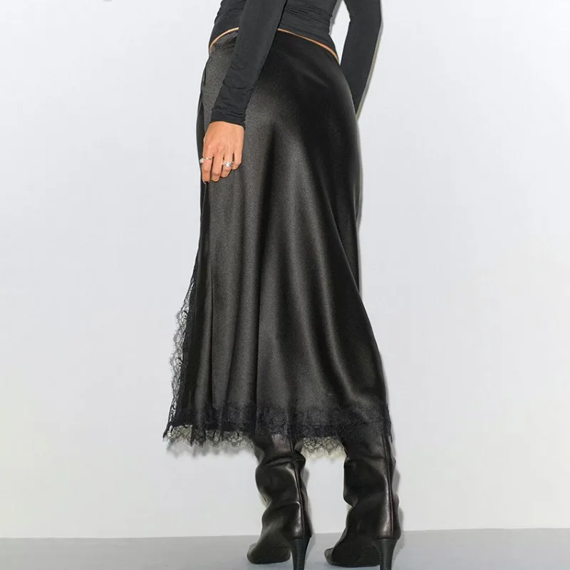 Talenza Gonne sexy in raso di pizzo Moda Solid Lace-Up Patchwork Gonna lunga a vita alta Lussuosa ed elegante nuova gonna da festa da donna