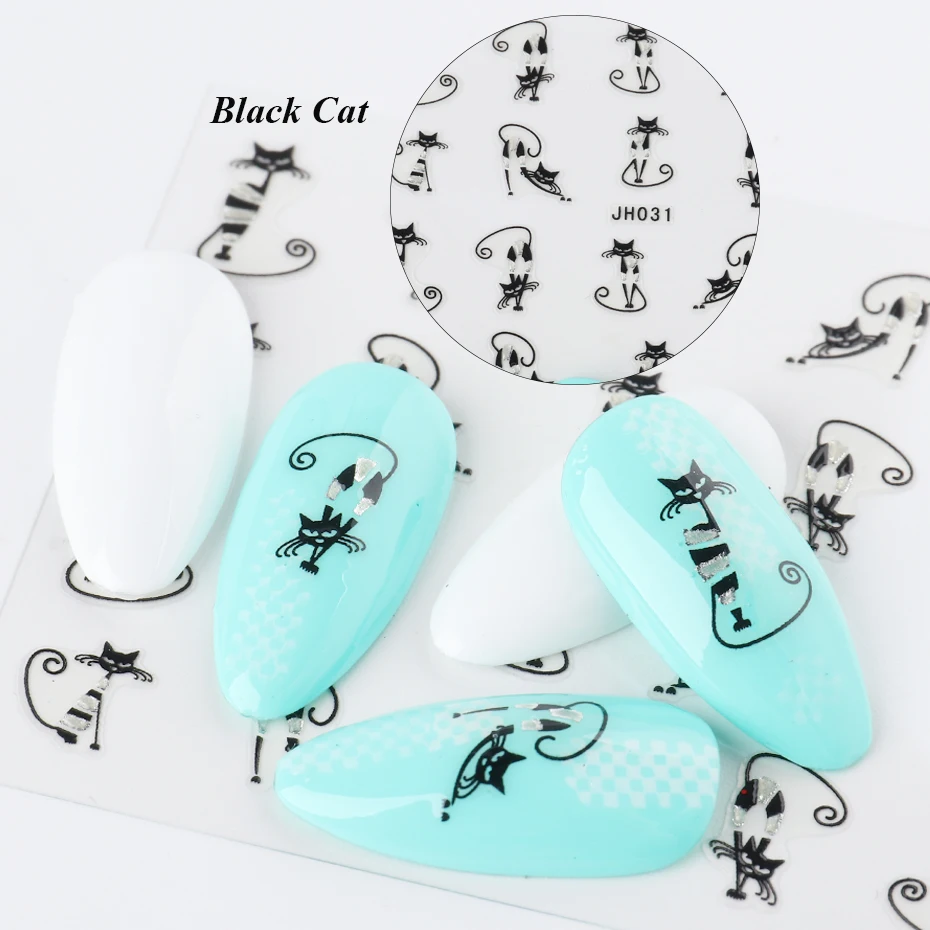 12pcs Mixed Black Gold Cat 3D Stickers for Nails Butterfly Cartoon Slider Decals Manicure Nail Art Decor Accessories GLJH025-36