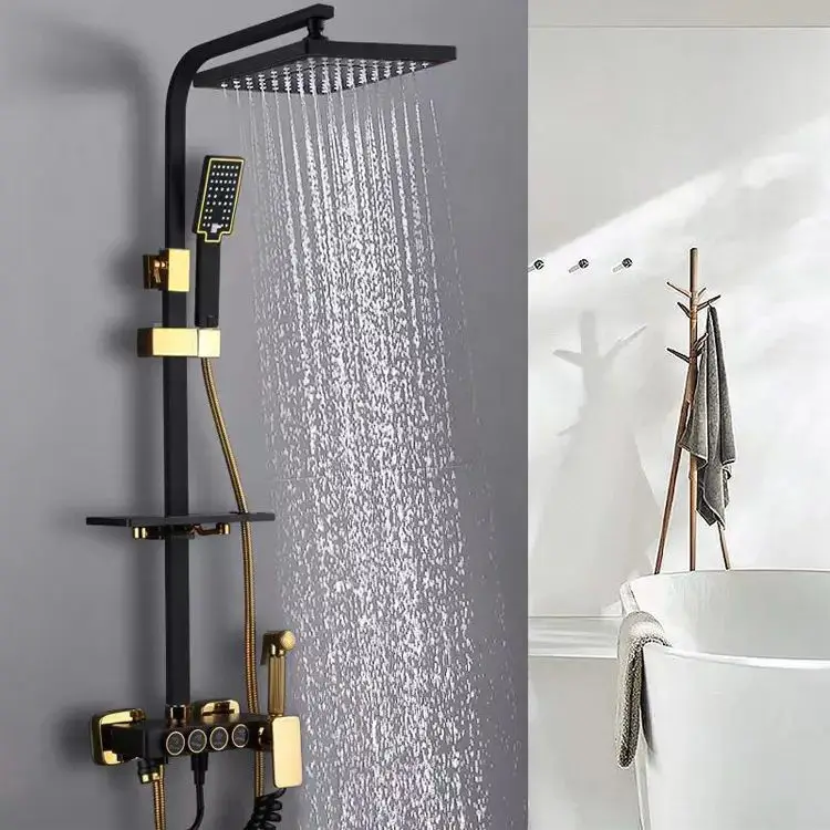 Bathroom Black Gold Button Nozzle Booster Hot And Cold Shower System Brass Hotel Home Bathroom Shower Set