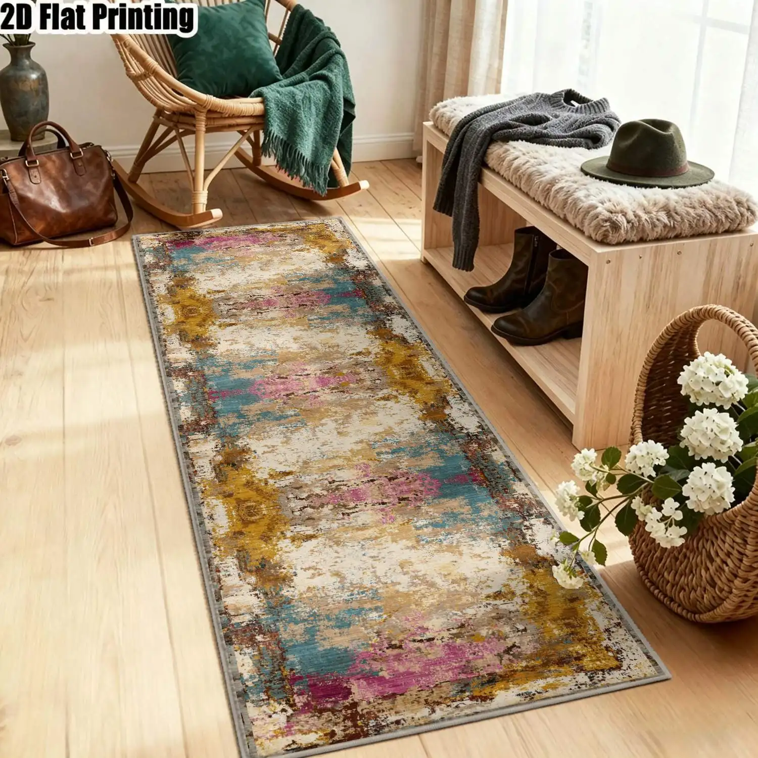 1Pc 2D Printed Long Strip Runner Carpet: Retro Pink-Yellow Geometric Pattern, European/Bohemian Styles, Machine Washable, Multi-Size, Ideal for Home Decor, Entryway, Hallway, Bedroom, Living Room