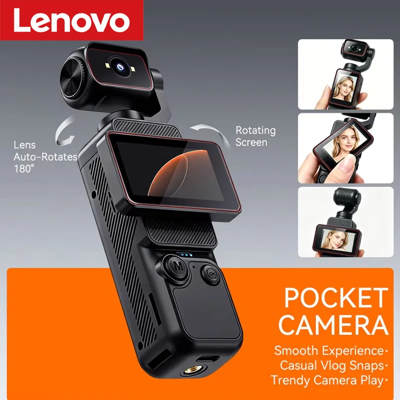 Lenovo Handheld Gimbal Sports Camera With Screen Wide Angle Lens Rotation Anti Shake Photography Video Wifi Transfer Pocket Cam
