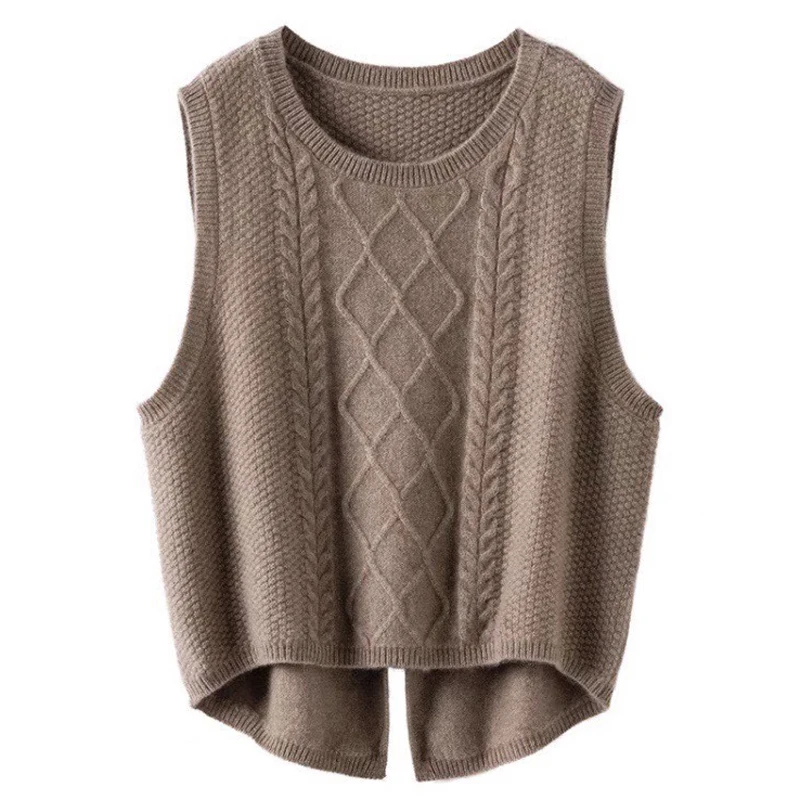 Autumn andWinter New Women\'s 100% Pure Wool Thickened Round Neck Knitted Vest Sleeveless Solid Color Versatile Cashmere Tank Top