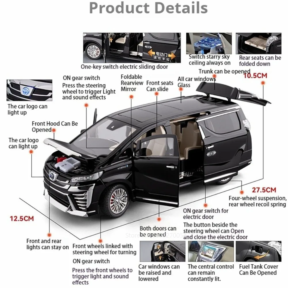 Vellfire Alphard MPV modelo de aleación Diecast coche de juguete puerta automática absorción de impacto sonido luz tirar hacia atrás vehículos presente niño 1:18