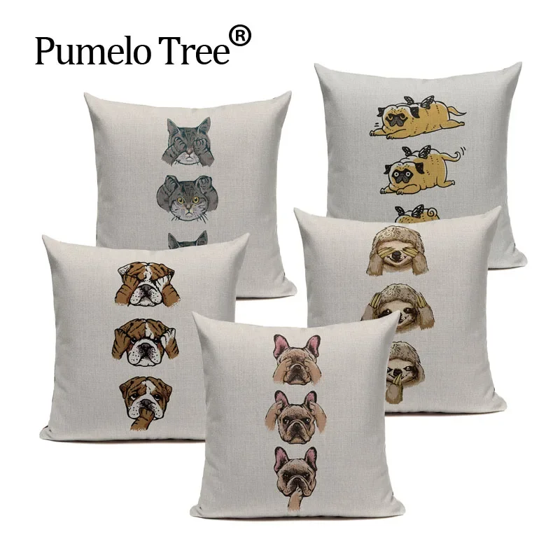 Pug Dog Hot Selling Cat Sloth People Starling Dog Fashion Pillow Cover Lovely Cushion Cover Sofa Decoratove Pillow Case Custom