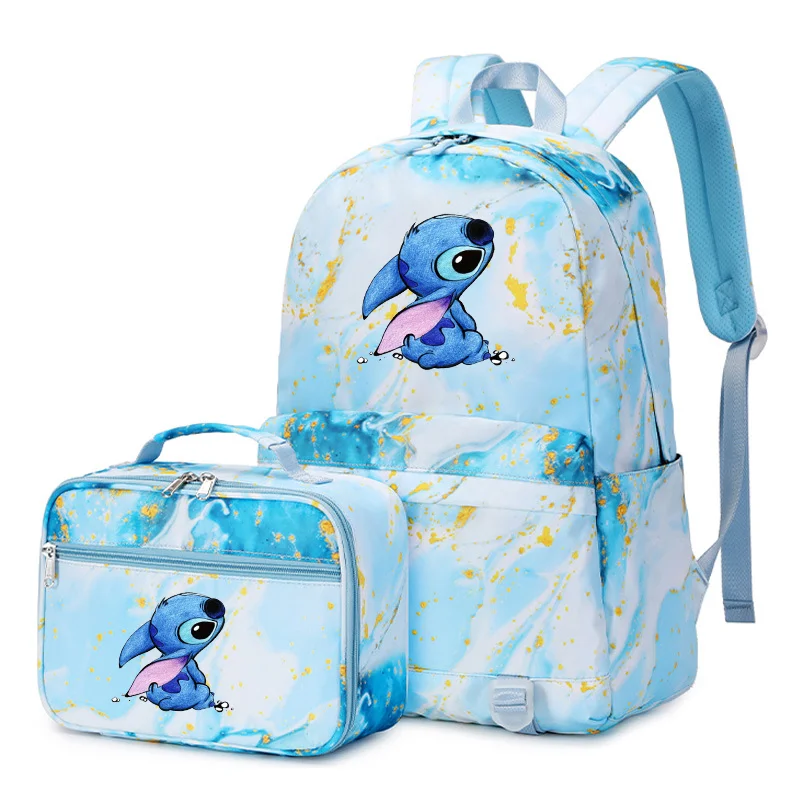 Disney-Lilo Stitch Mochila multi-bolso, lancheira, mochila escolar casual para mulheres, estudante, conjuntos para adolescentes, 2 peças