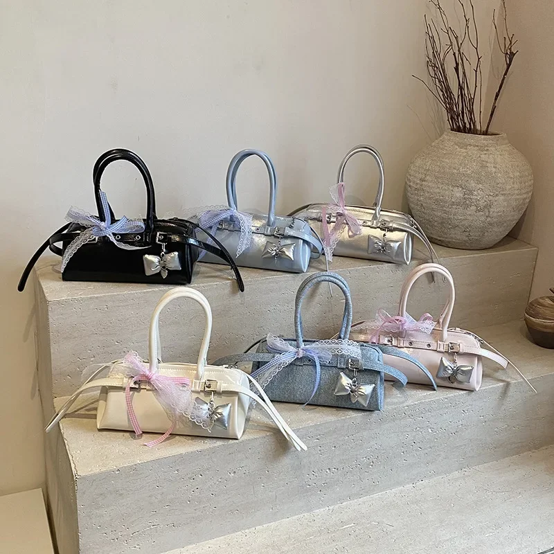 

2025 Women's Heart-Shaped Denim Bag, French Fashion Top Handle with Bow Detail, Handcrafted Shoulder Bag for Cute Casual Style