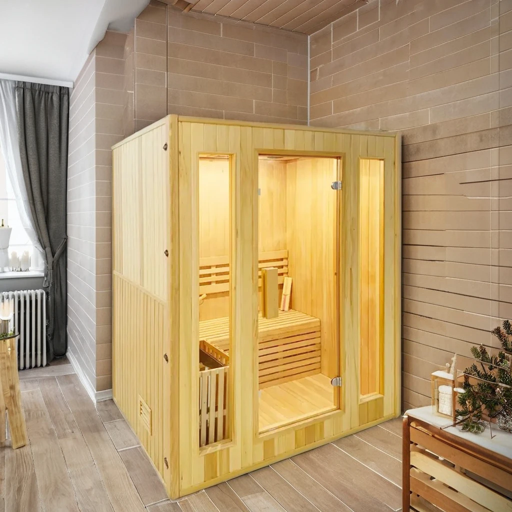 

New Design Indoor Wet Steam Cube Sauna Room 6kw Solid Wood Canadian Hemlock With Harvia Sauna Stove Control Panel For 3 People