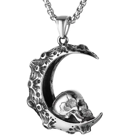 Boutique Handmade Fashion Personality Design Moon Punk Skull Men and Women 316L Stainless Steel Pendant Necklace A023