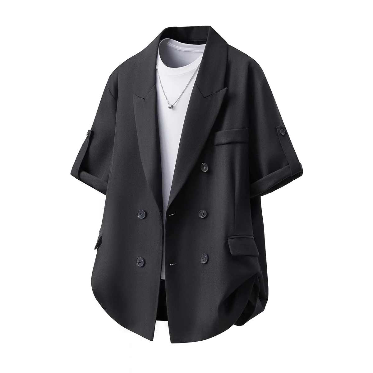 

New Summer Men's Double Breasted Short Sleeve Blazers Solid Color Fashion Suit Outerwear Loose Casual Breathable Blazer Jacket