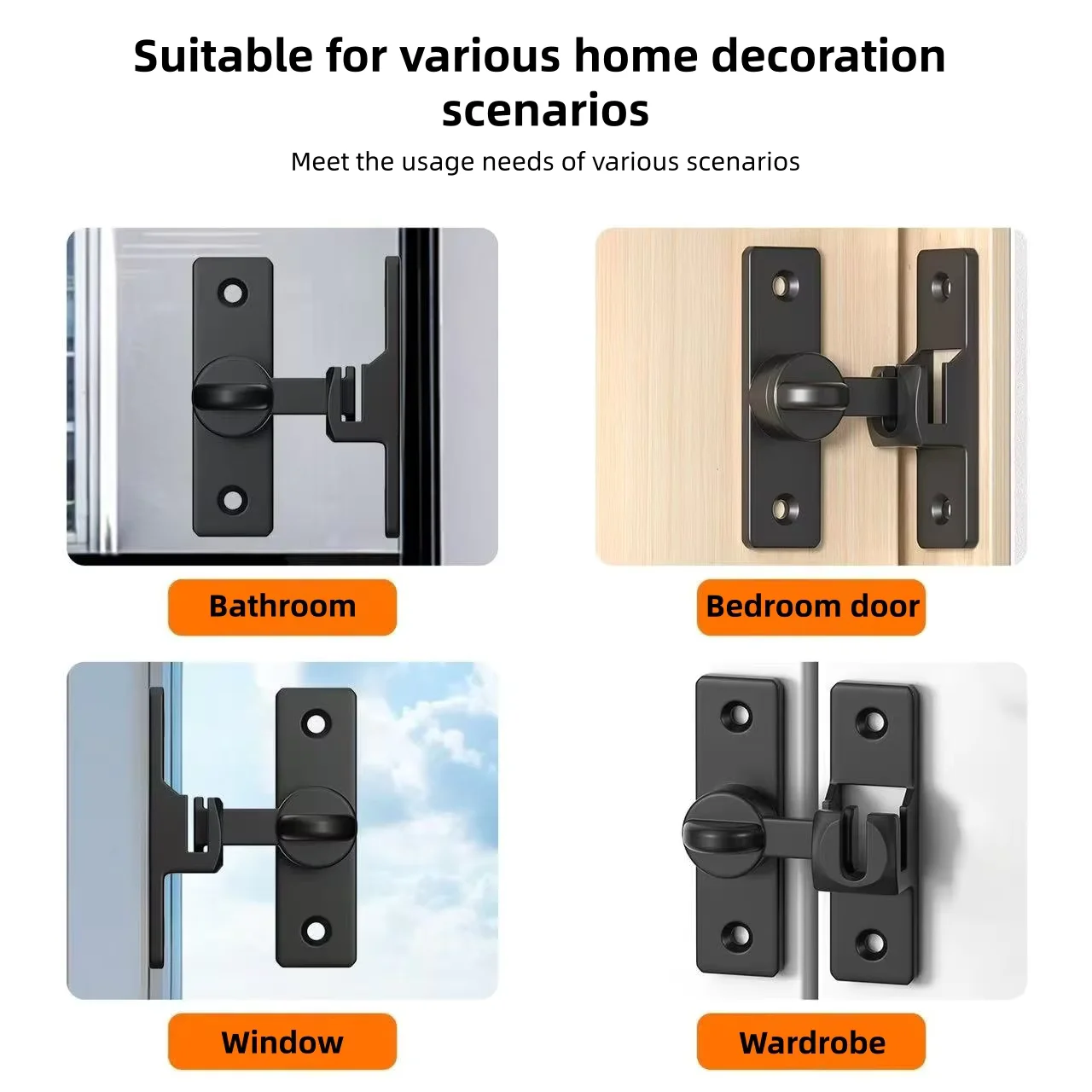 Sliding barn door lock, 90 degree lock, black, flip door lock for garden, bathroom, outdoor, garage, windows, and barn doors