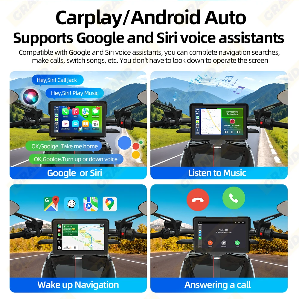 Grandnavi 7 Inch Carplay Motorcycle Portable IP67 Detachable Bracket Wireless CarPlay Android Auto Screen Motorcycle Navigation