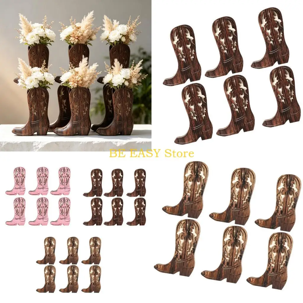 E28F Opening Top Artificial Plant Holders in Western Cowboy Boot Shape, Set of 6 Wooden Vases for Decorative Stem Displays,