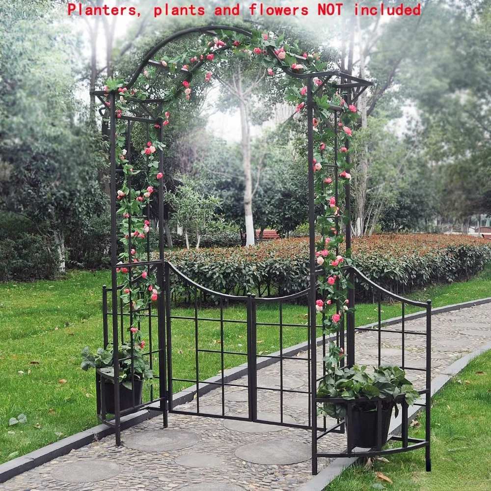 

Decorative Steel Garden Arch Arbor Trellis With Gate, Fence And Planter Holders For Climbing Plants, Flower Stand