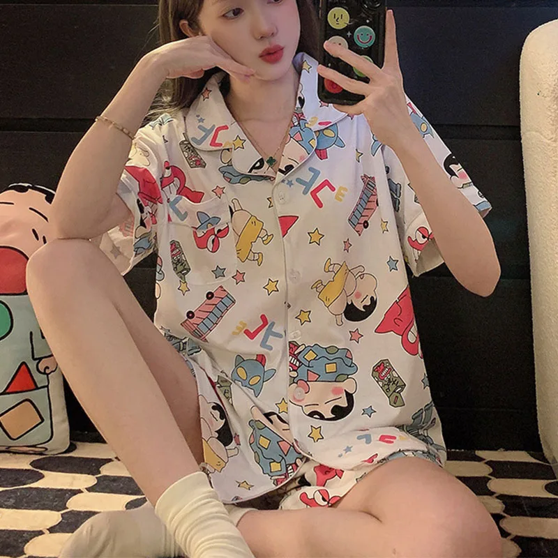 Anime Kawaii Cute Crayon Shin-Chans Pajamas Short Sleeved Shorts Leisure Loose Comfortable Girl Birthday Gift For Girlfriend